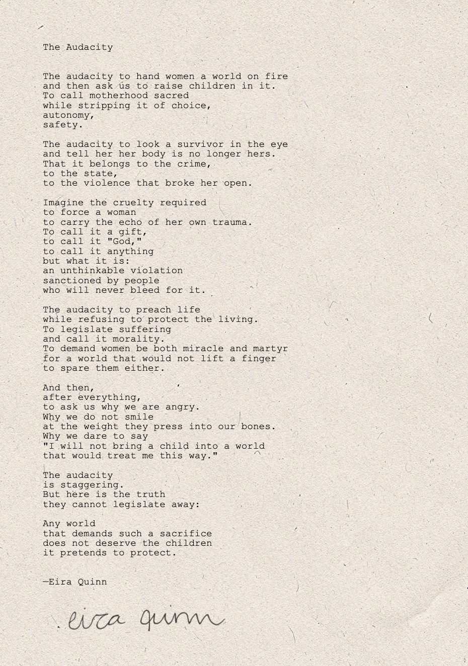 Mockup of "The Audacity" hand-typed on A4 handmade paper